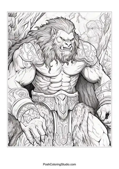 A muscular werewolf seated on a throne.