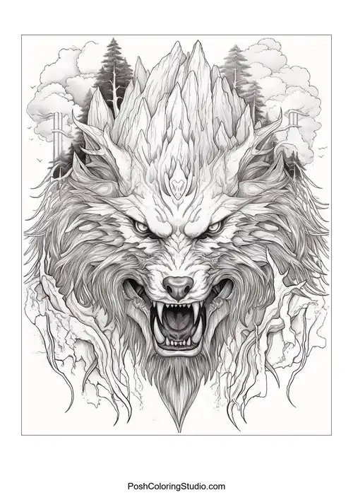 A werewolf with a crown of trees and mountains.