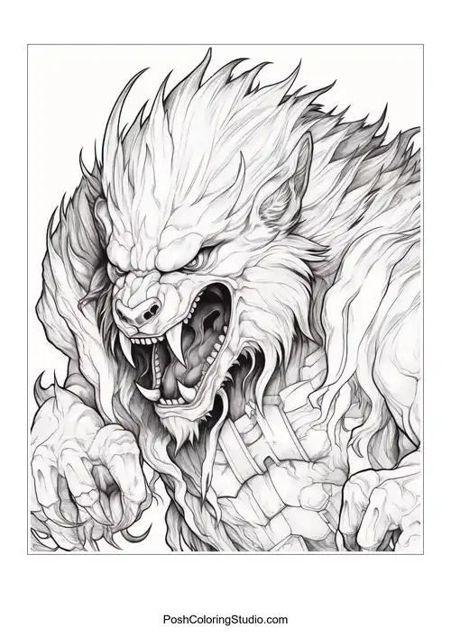 A werewolf with a background of twisted trees.