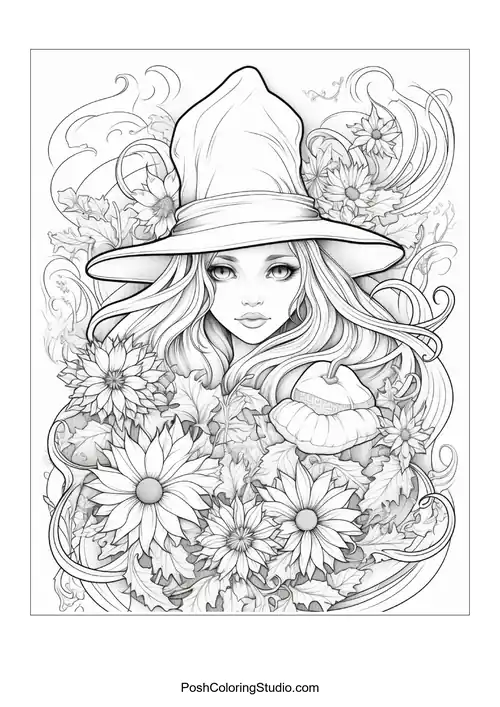 A witch with a hat and a variety of flowers around her.