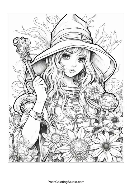 A witch with a hat and intricate floral patterns surrounding her.