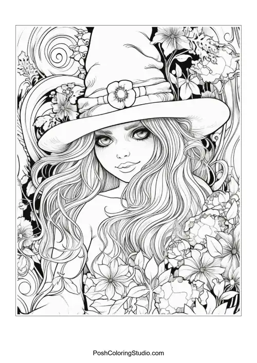 A witch with a hat and a floral design, holding a flower.