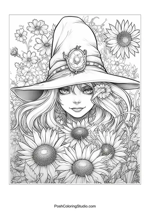 A witch with a hat, surrounded by various flowers and leaves.