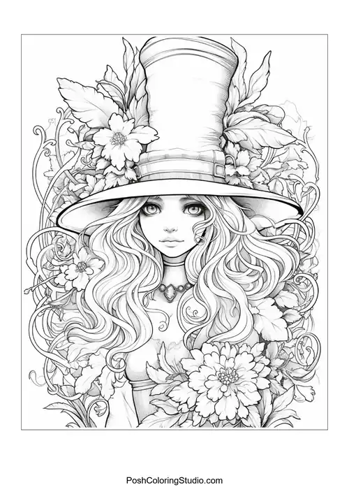 A witch with a hat and a floral background, looking serene.