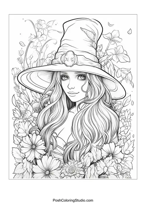 A witch with a hat and a floral arrangement around her.