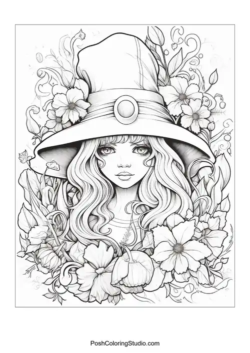A witch with a hat and a variety of flowers surrounding her.