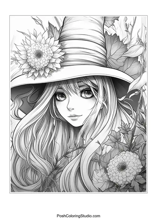 A witch with a hat and intricate floral designs around her.