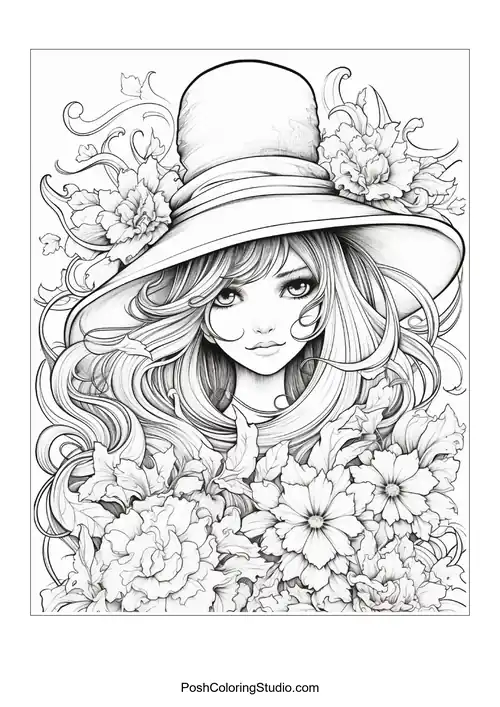 A witch with a hat, surrounded by flowers and leaves.