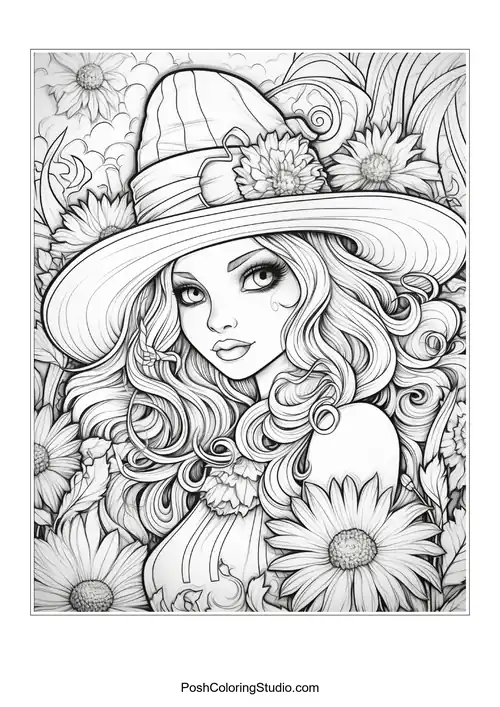 A witch with a hat and a pumpkin, surrounded by flowers.