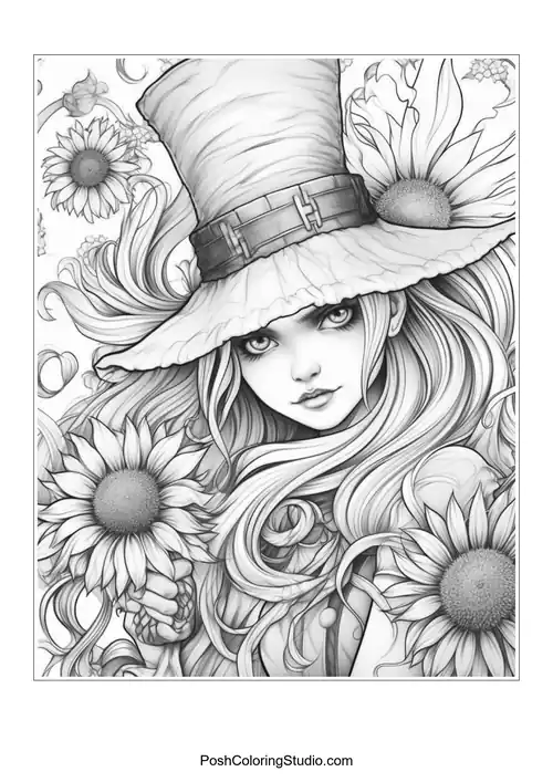 A witch holding sunflowers, wearing a tall hat with a ribbon.