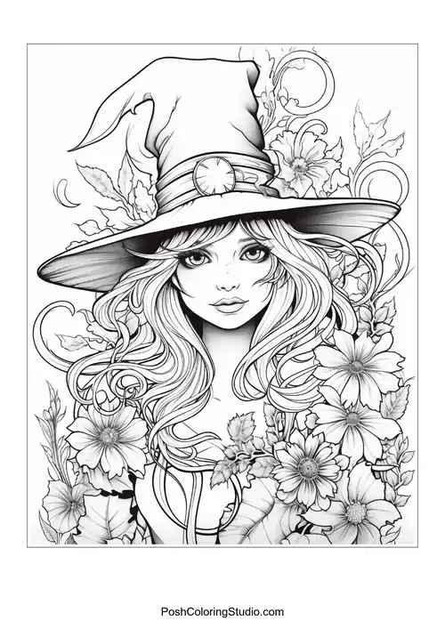 A witch with a hat and a floral crown, looking whimsical.