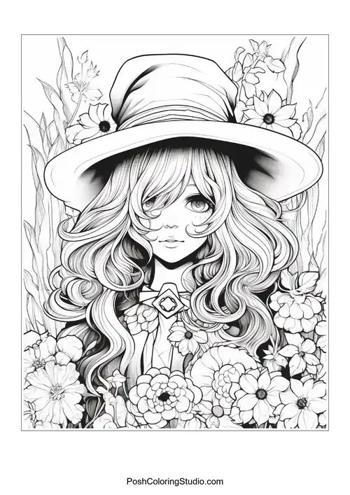 A witch with a hat and various flowers surrounding her.