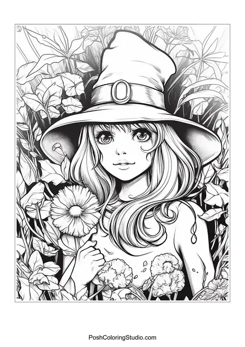 A witch with a hat and intricate floral designs around her.