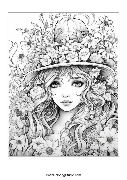 A witch with a hat and a variety of flowers around her.