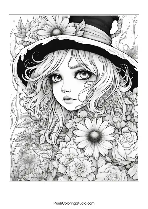 A witch with a hat and a floral arrangement, looking mystical.