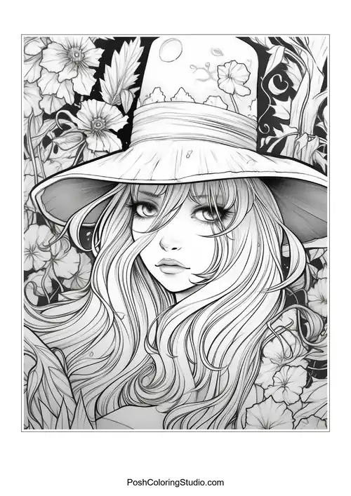A witch with a hat and a variety of flowers surrounding her.