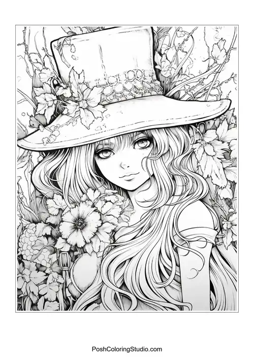 A witch with a hat and intricate floral designs around her.
