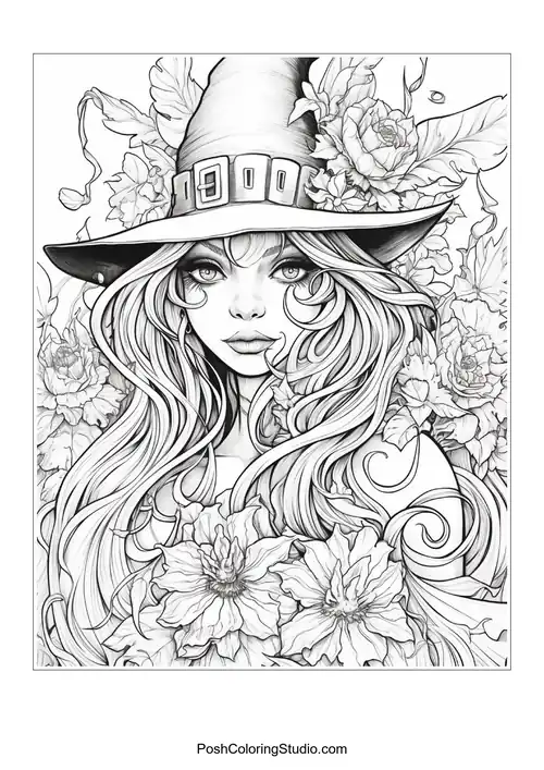 A witch with a hat and a floral background, looking serene.