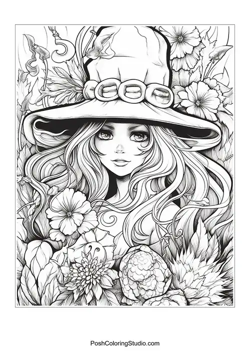 A witch with a hat and a floral arrangement around her.