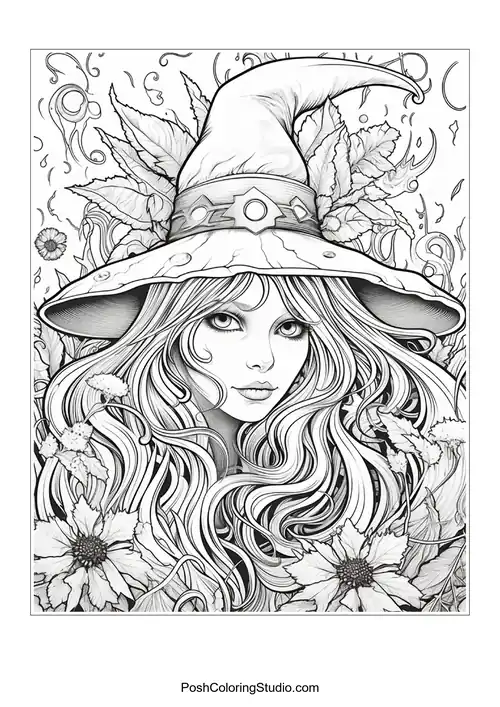 A witch with a hat and a variety of flowers surrounding her.