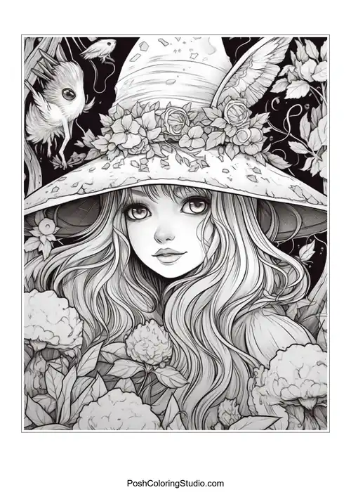 A witch surrounded by flowers and a small animal, wearing a decorated hat.