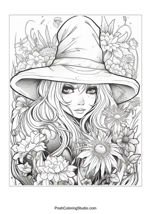A witch with a hat and intricate floral designs around her.