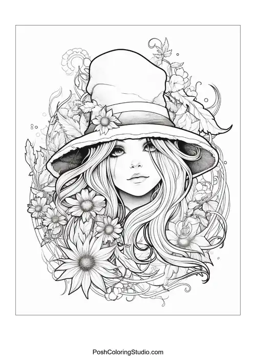 A witch with a hat and a floral crown, looking whimsical.