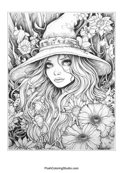 A witch with a hat and a pumpkin, surrounded by flowers.