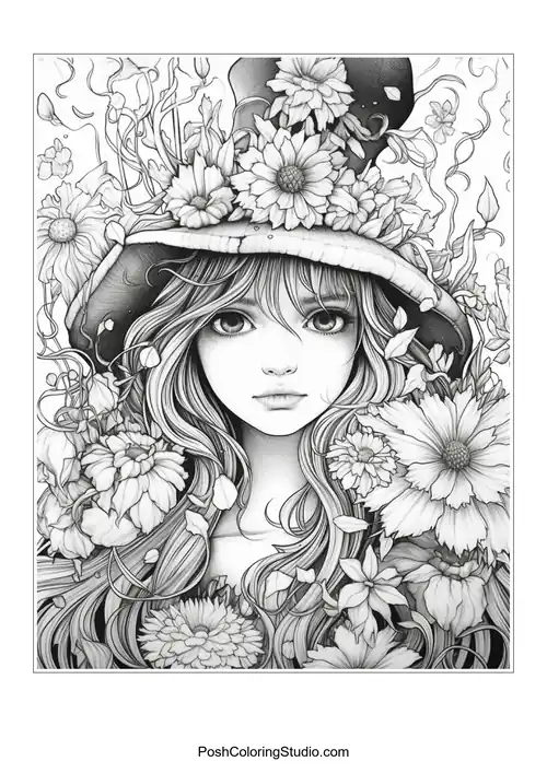 A witch with a hat and a variety of flowers around her.
