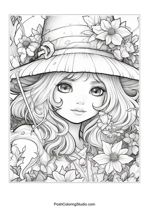 A witch with a hat and intricate floral designs around her.