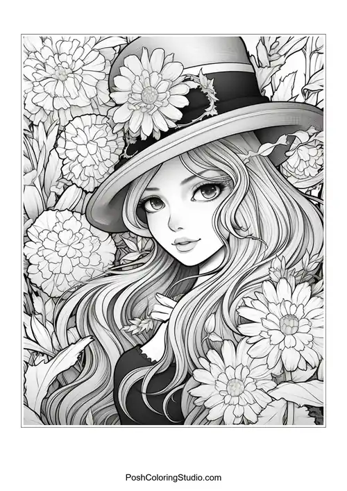 A witch with a hat and a floral arrangement, looking mystical.