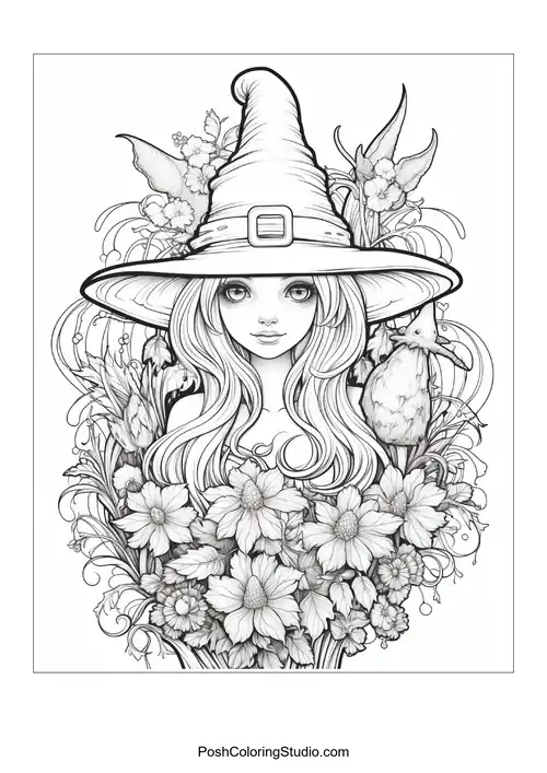 A witch with a hat and a variety of flowers surrounding her.