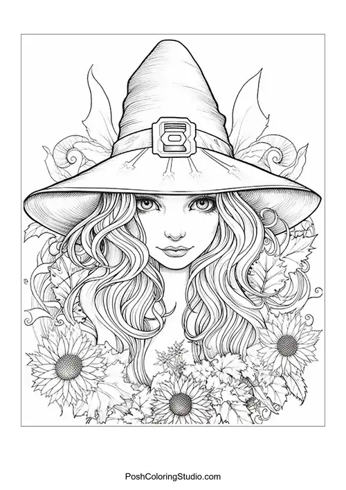 A witch with a hat and intricate floral designs around her.