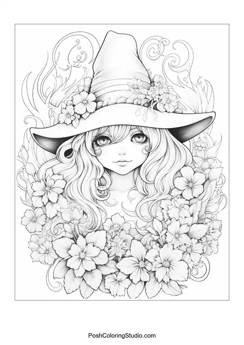 A witch with a hat and a floral background, looking serene.