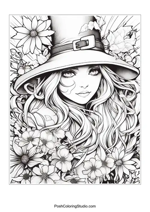 A witch with a hat and a floral arrangement around her.