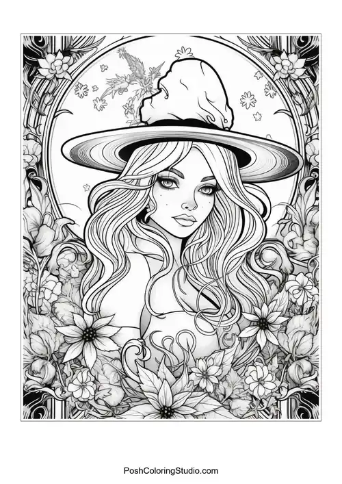 A witch with a wide-brimmed hat and intricate floral patterns.