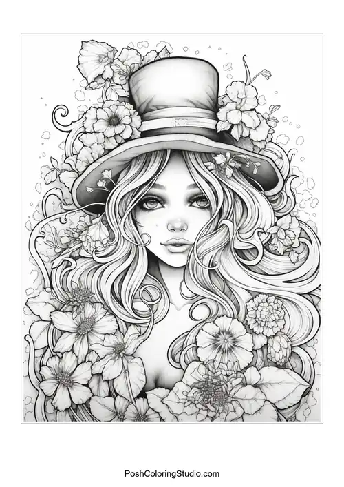 A witch with a hat and a variety of flowers surrounding her.