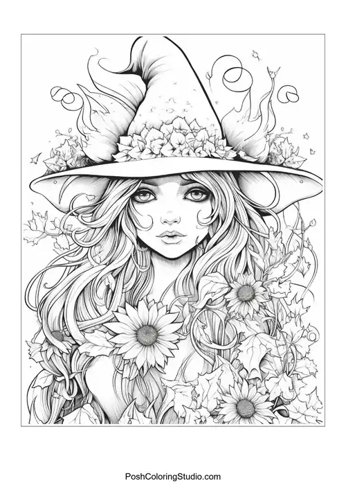 A witch with a hat and intricate floral designs around her.