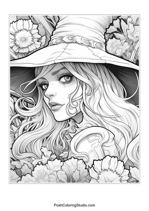 A witch with a hat and a floral background, looking serene.