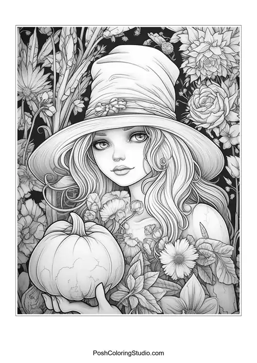 A witch with a hat and a floral arrangement around her.
