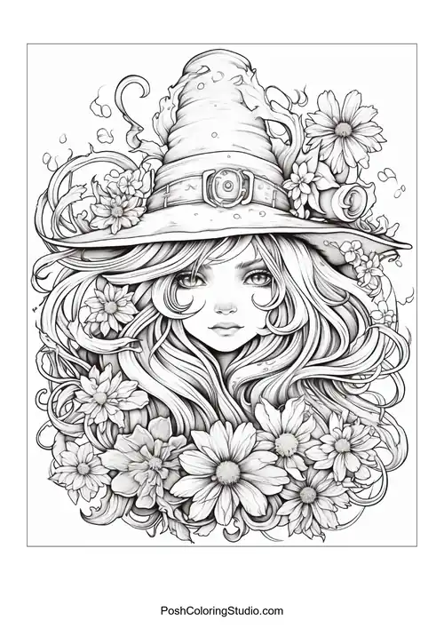 A witch with a hat and a variety of flowers surrounding her.