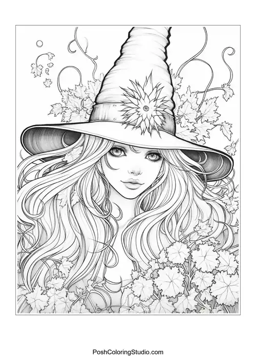 A witch with a hat and intricate floral designs around her.
