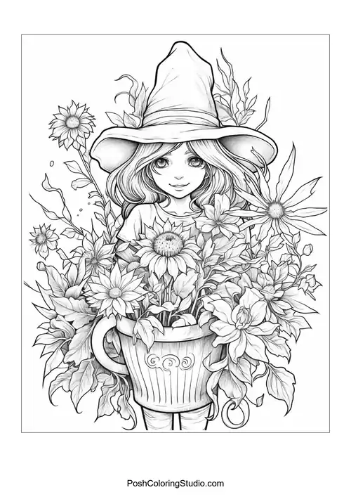A witch with a hat and a floral background, looking serene.