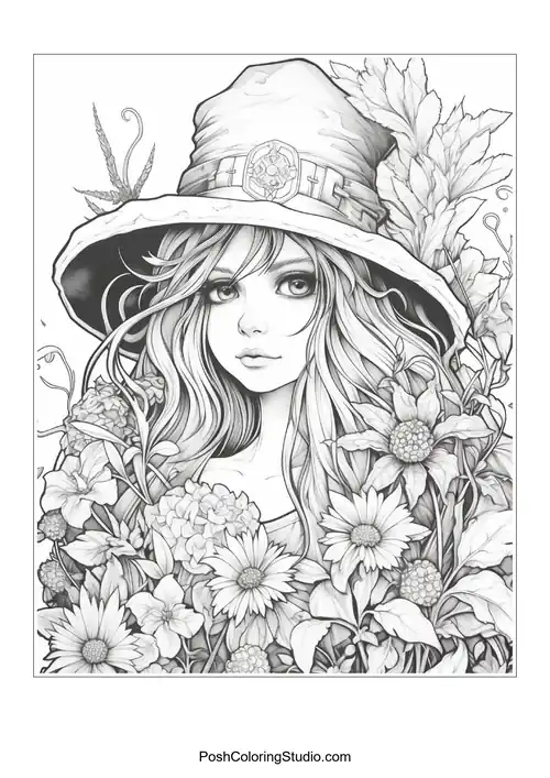 A witch with a hat and a floral arrangement around her.