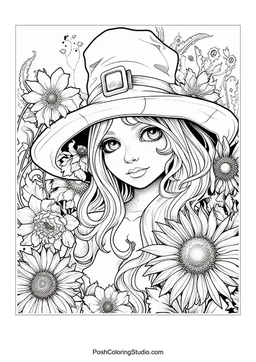 A witch with a hat and a variety of flowers surrounding her.