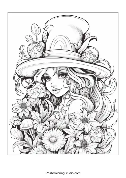 A witch with a hat and intricate floral designs around her.