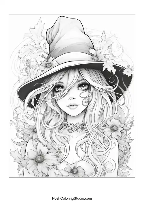 A witch with long hair and a hat, surrounded by flowers.