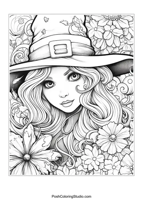A witch with long hair wearing a wide-brimmed hat surrounded by flowers.