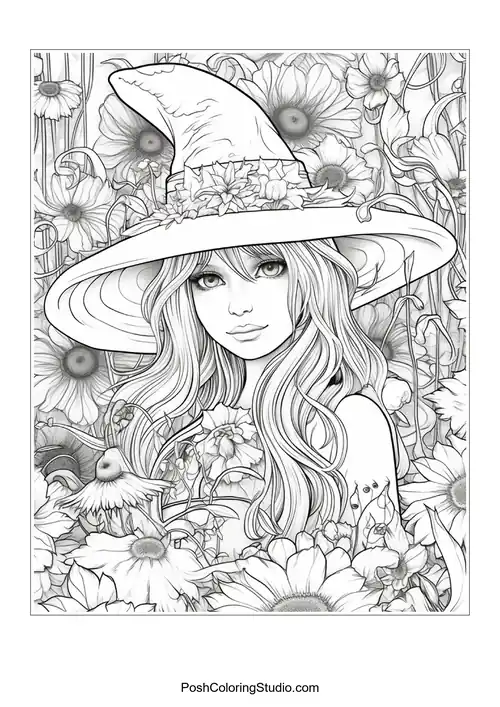 A witch holding a staff, adorned with flowers and a hat.