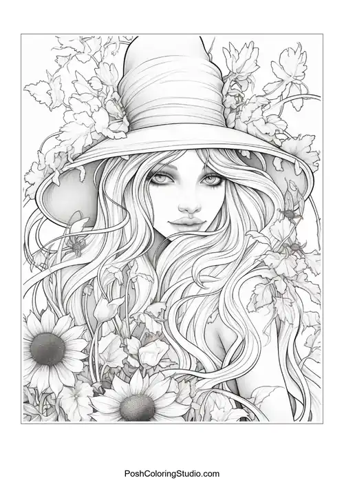 A witch with a hat surrounded by sunflowers and leaves.